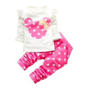🩷 EUC 🩷 Minnie Mouse Outfit w/Pants & Long Sleeve Top Pink Polka Dots 2-3T